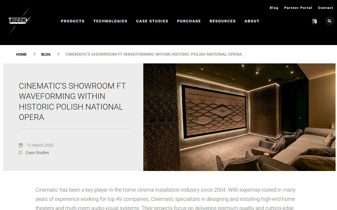 Publikacja realizacji showroomu Cinematic na stronie Trinnov
